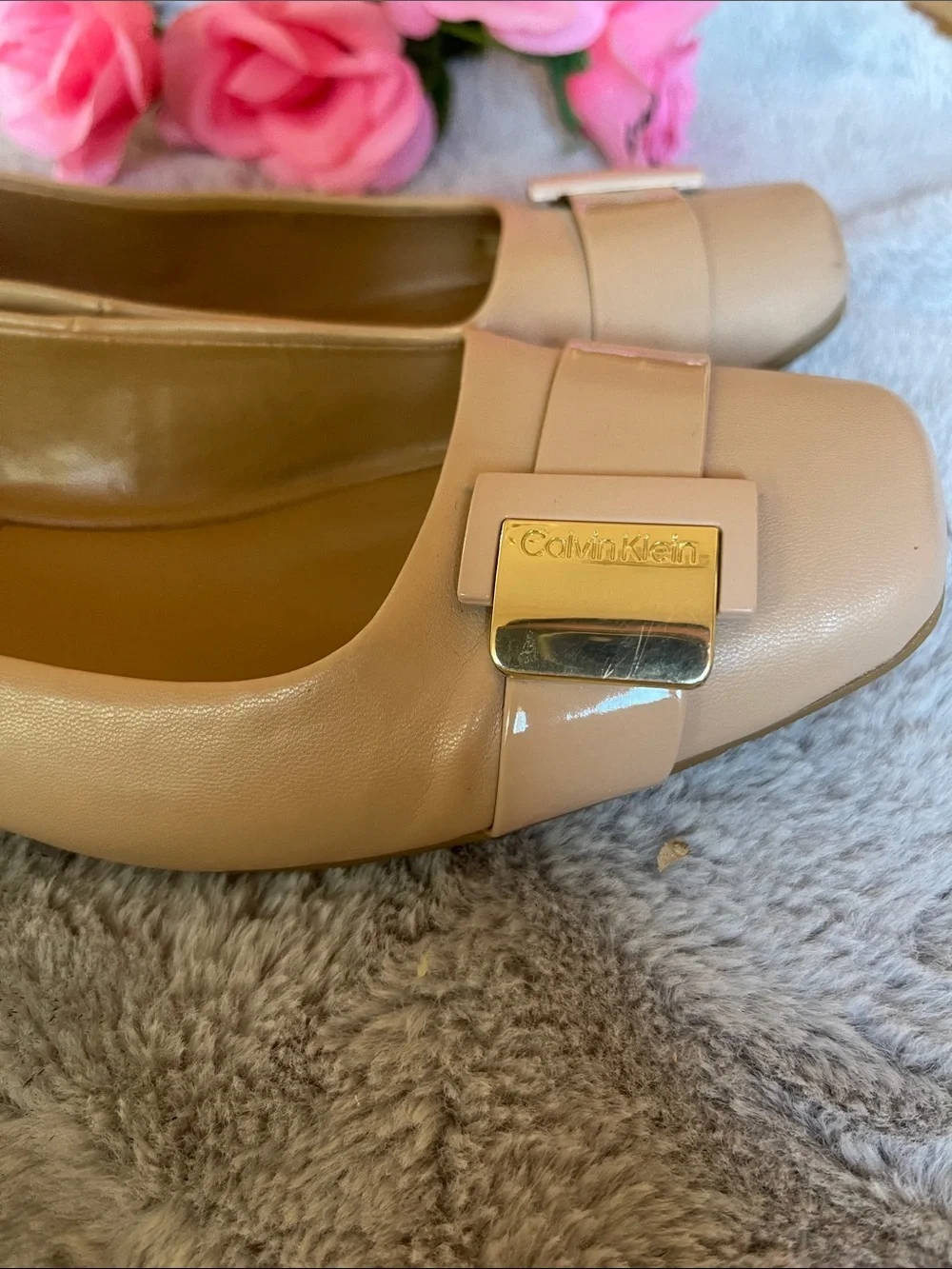 Calvin Klein Beige Patent Leather Ballet Flats with Gold Logo Accent